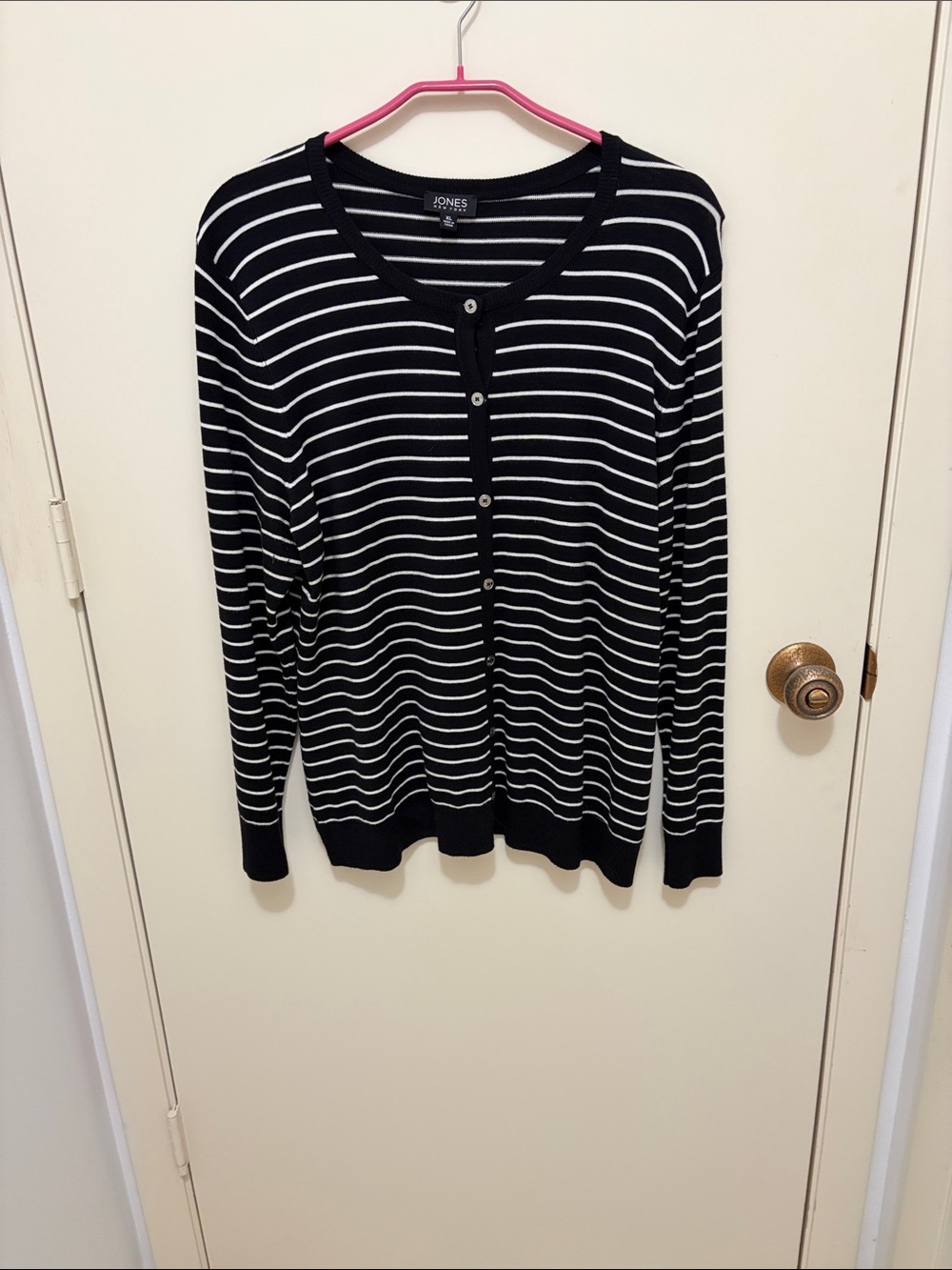 Jones New York Black and White Striped Button Cardigan